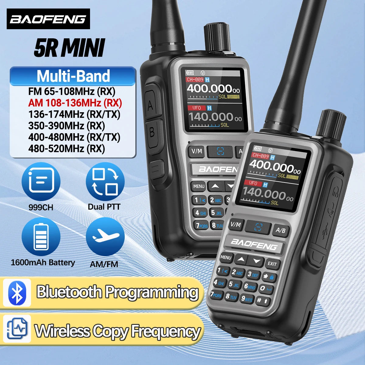 Talkie-Walkie BaoFeng UV-5R Mini Bluetooth — 999 Canaux & Charge USB-C