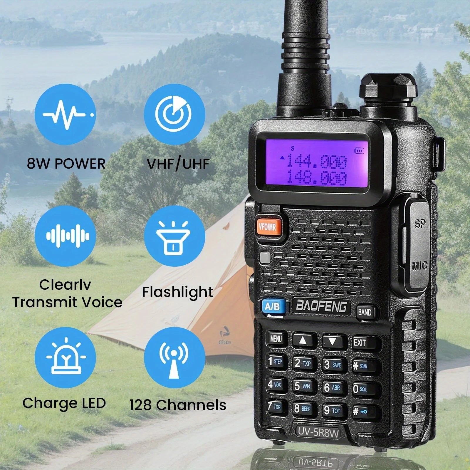 Talkie-Walkie BaoFeng UV-5R 8W Longue Portée — 128 Canaux & Double Affichage